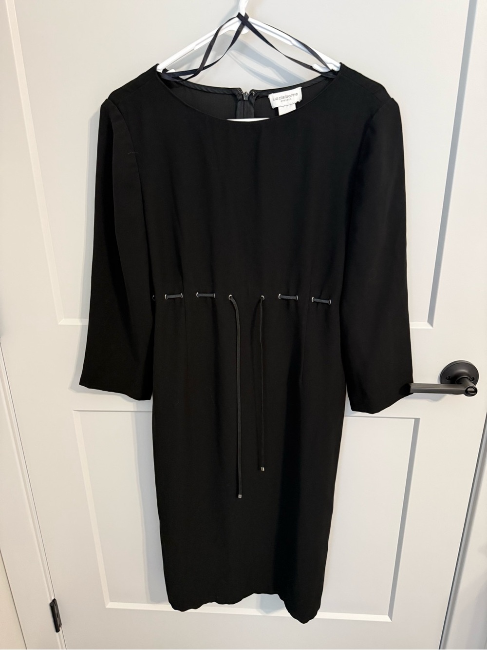 Liz Claiborne Size 12 Black Leather Belt Grommet 3/4 Sleeve Dress